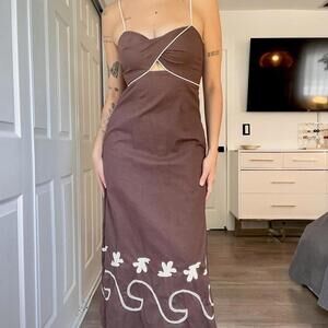 Mon Renn Brown Embroidered Midi Dress with Cutout Detail – Size Small